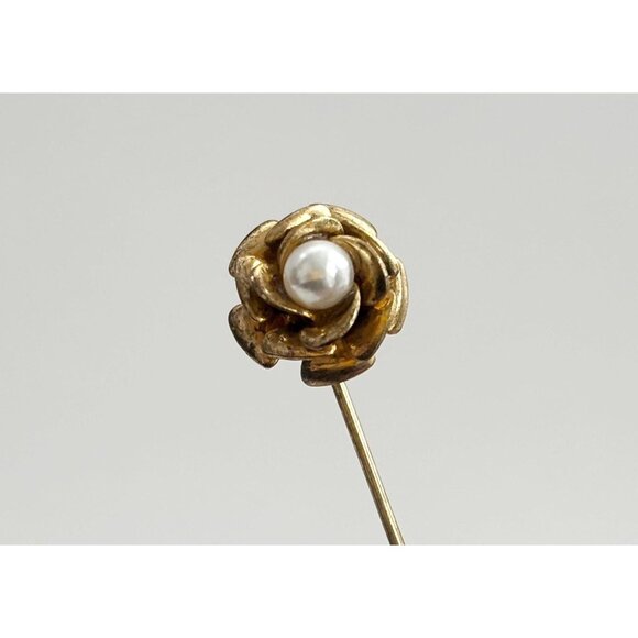 XL Petaled Rose Floral Faux Pearl Gold T Vintage Stick Pin | Hat Pin | Lapel Pin - Picture 1 of 10